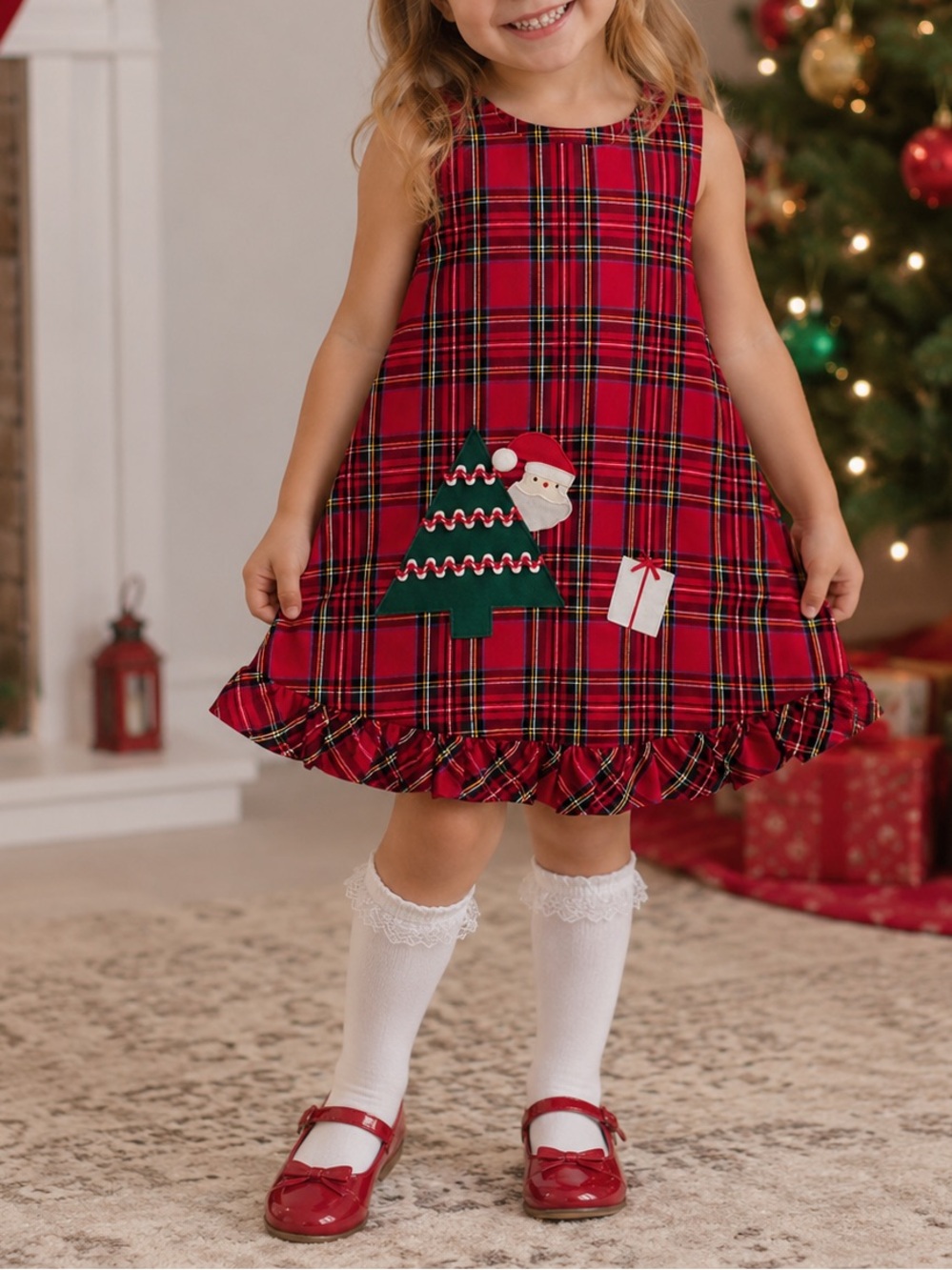 FUNTASIA TOO Tartan Plaid Christmas Santa Ruffle Sleeveless Dress Size 5